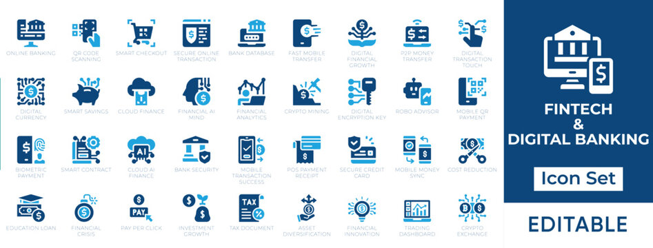 Fintech and digital banking vector icon set. Modern blue solid icons for smart finance, online payment, mobile wallet, and e-commerce UI