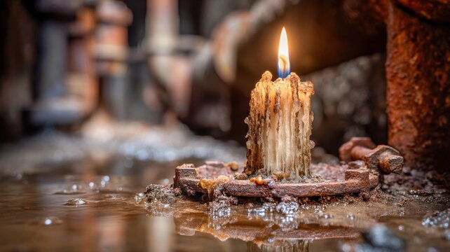 Burning Wax Candle Reflected In A Puddle Inside An Abandoned Factory