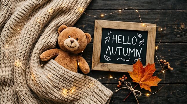 Cozy autumn still life teddy bear knitted blanket and fall decor on rustic wood