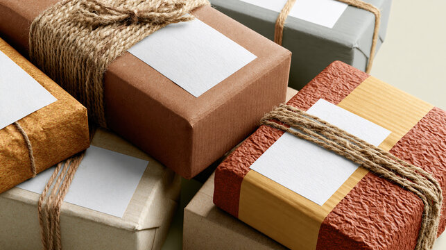 Packaging label mockup shipping parcel blank label wrapped box small business kraft paper twine cardboard box delivery retail mail ecommerce