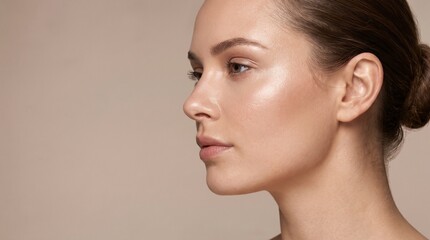 Side profile of a young woman with glowing skin and natural makeup on a neutral background. Ideal for beauty and skincare advertising.