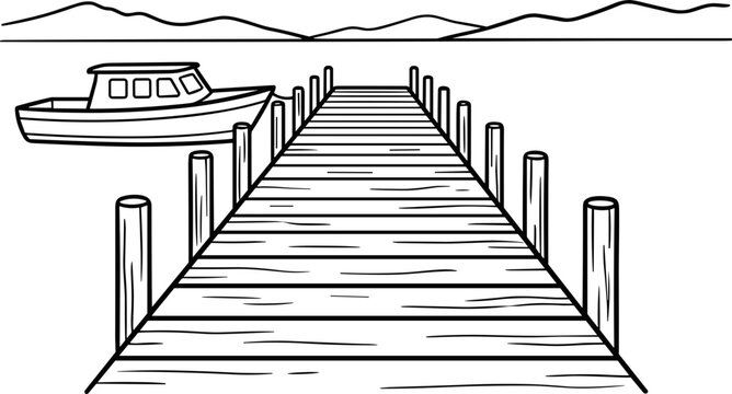 Black and white line art drawing of a wooden pier with a small boat.