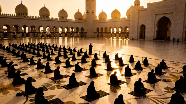 Group of people praying in mosque courtyard