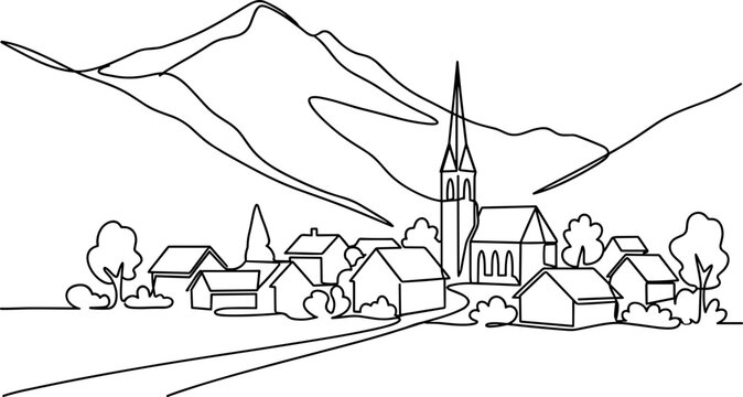 Continuous line drawing of a small mountain village with a church.
