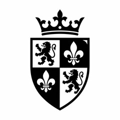 Black and white heraldic shield with lion and fleur de lis symbols. © PS STOCK
