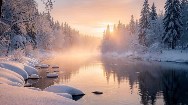 Winter sunrise over a peaceful snow-covered river with frosted trees and tranquil water reflection