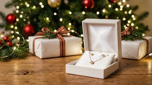 Elegant gold diamond jewelry gift set presented in white boxes during festive holiday season