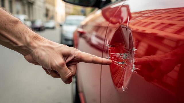 Close up of hand pointing at scratched and damaged red car door handle in urban street