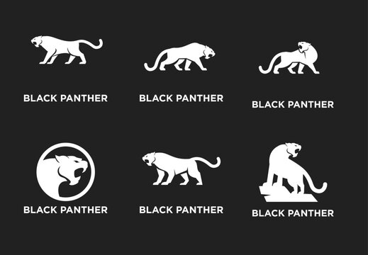 Black Panther Logo Design Set. Collection of Powerful and Majestic Wild Cat Emblems and Icons for Branding and Identity.