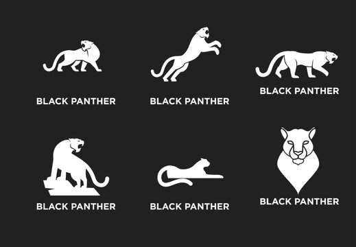 Black Panther Logos Collection. Set of Minimalist White Vector Animal Icons in Dynamic Poses. Abstract Design for Branding, Identity, and Merchandise.