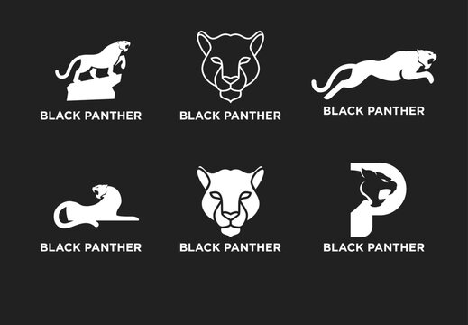Black Panther Logo Design Collection. Diverse Vector Animal Emblems in Silhouette and Line Art Styles for Branding, Sport Teams, and Mascot Identity on Dark Background.
