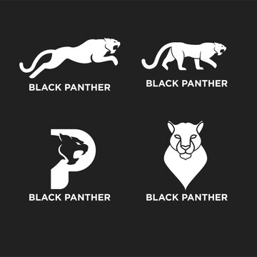 Collection of black panther logos, modern stylized panther head and body icons for branding and graphic design.
