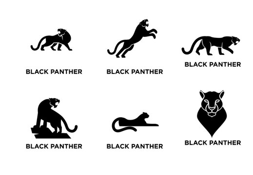 Collection of Black Panther Logos and Icons in Various Dynamic Poses, Vector Illustration Set