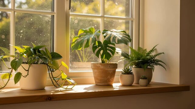Indoor potted plants on a sunny windowsill with natural light and green foliage for home decor