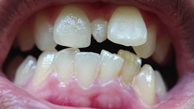 Close-up macro view of human dentition showing severe dental malocclusion with misaligned permanent teeth, including maxillary central incisors. Dens incisivus centralis maxillaris.