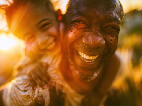 Radiant close up of a laughing father carrying a child on his back in golden sunlight, featuring warm skin tones for Fathers Day and family lifestyle