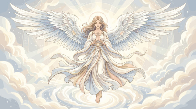Ethereal angel with luminous wings soaring through cloudy sky