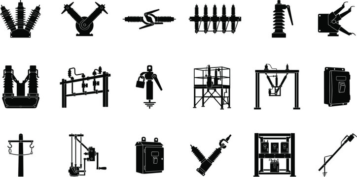 Electrical Equipment Silhouette Icon Set with Power Distribution Components and Utility Infrastructure