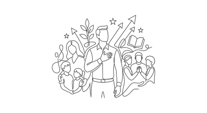 Continuous line art illustration of family and personal growth.