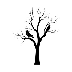 Obraz premium Silhouette of Bare Tree with Two Crows, Halloween Spooky Tree Vector with Transparent Background
