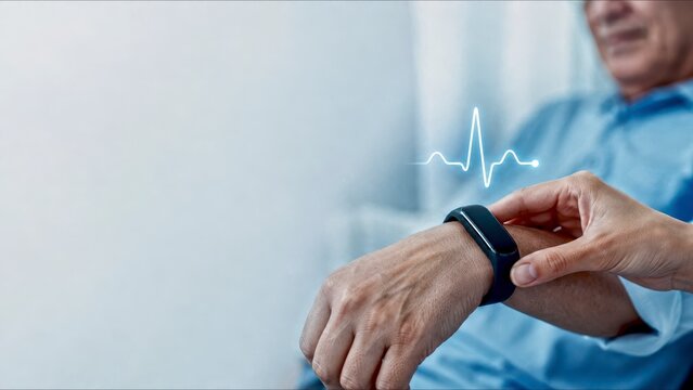 Elderly man wrist health monitor business care pulse hospital patient touch screen technology