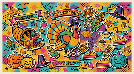 Fototapeta premium Joyful and Colorful Thanksgiving and Autumn Harvest Festival Graphic Elements Collection, Perfect for Holiday Season Designs
