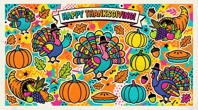 Vibrant Thanksgiving Feast Cartoon Illustration featuring Festive Turkeys, Pumpkins, Cornucopias, and Autumn Leaves, Perfect for Holiday Season Concept