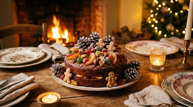 Christmas fruitcake on festive dinner table with fireplace background.