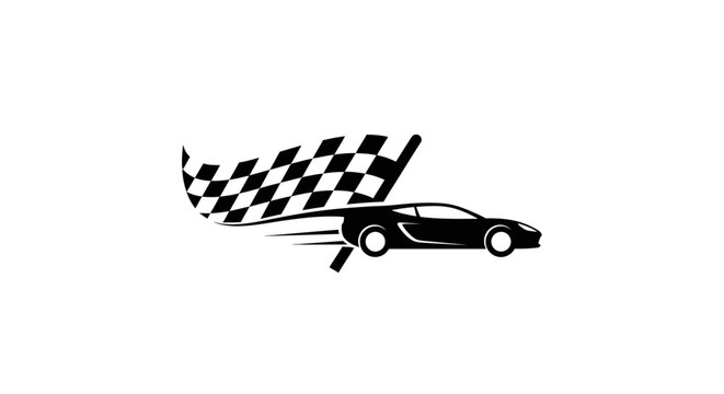 A black silhouette of a generic sports car racing with a checkered flag on a white background