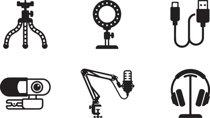Six black and white icons of streaming and recording equipment set Vector © Runa
