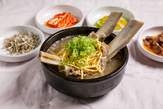 Korean beef short rib soup galbitang with noodles and green onio
