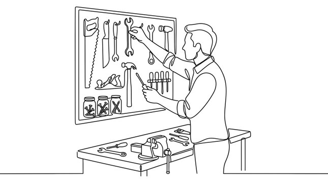 A man organizing hand tools on a wall mounted pegboard.