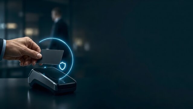 Business credit card payment at terminal in dark office with security icon and blurred person, modern commerce concept