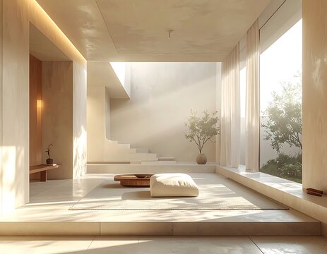 Serene minimalist interior design with natural light.