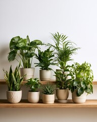 Fototapeta premium Wooden shelf displaying a collection of potted houseplants
