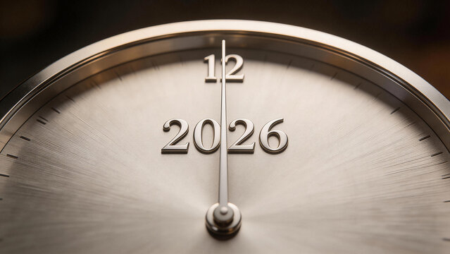 Closeup of a clock face with year 2026