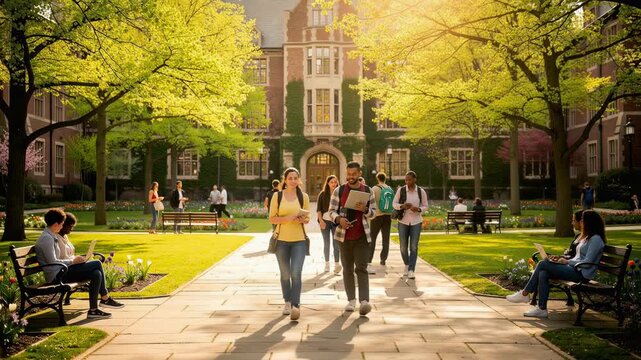 College students walking and talking on campus pathway surrounded by green trees and historic university building on sunny day