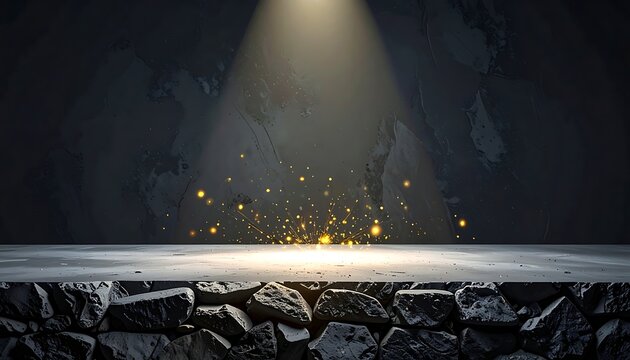 Spotlight on empty stage with rocks.