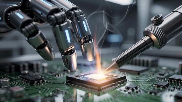 Futuristic robotic hand soldering circuit board with precision technology and advanced electronics