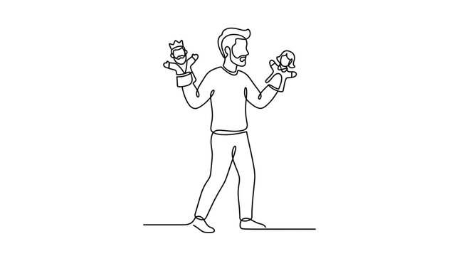 Continuous line drawing of a man performing a puppet show.
