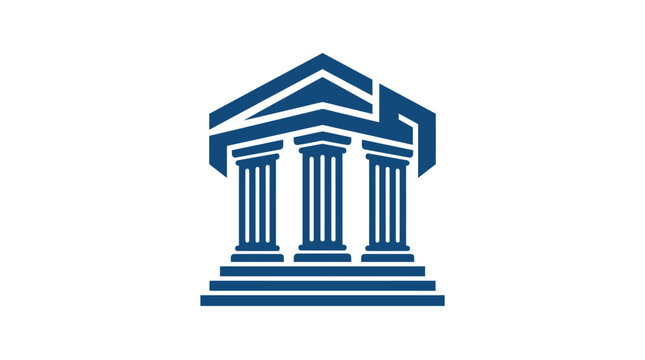 A minimalist blue icon featuring a classic building with three pillars