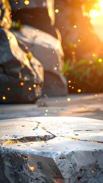 Sunlit stone surface with natural bokeh.