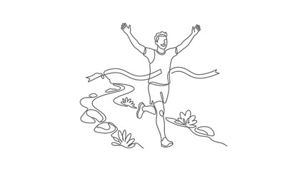 Fototapeta premium Continuous line drawing of a marathon runner crossing the finish line.