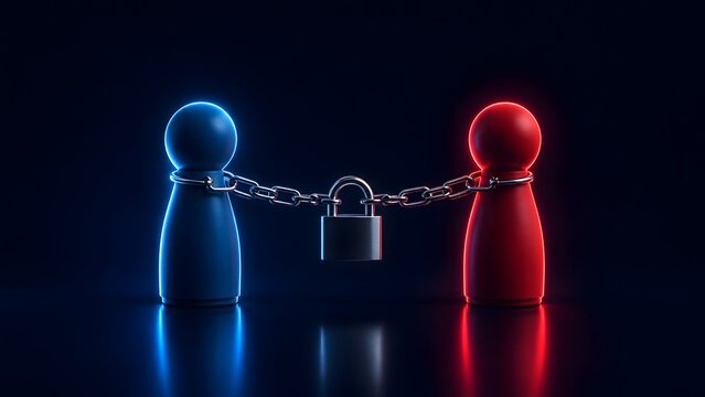 Two Wooden Figures Red and Blue Chained Together with a Padlock Under Dramatic Neon Lighting Representing Opposing Forces Bound Together