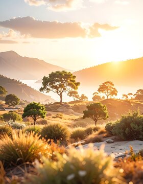 Sunset over serene natural landscape hills.