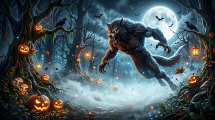 Obraz premium Eerie Werewolf Leaping in a Scary Helloween Moonlit Forest Illustration