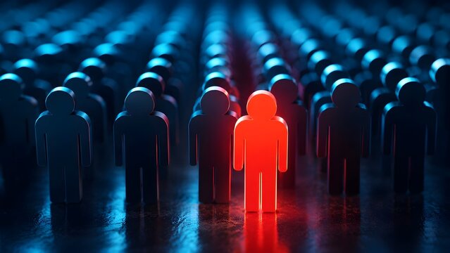 One bright glowing red figure standing out from a large organized grid of blue figures