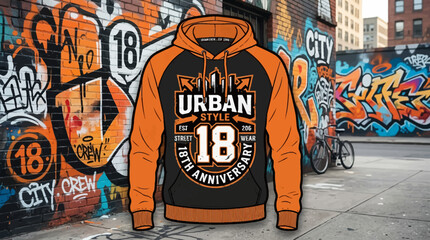 Naklejka premium A stylish orange and black hooded sweatshirt displayed against a graffiti wall