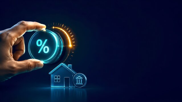 Interest rate decrease for business loan and home finance with hand holding percent icon above house icon on dark blue background