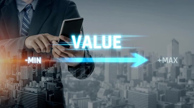 Value measurement and adjustment concept showing value, performance, and optimization level with focus on data analytics, calibration, and improvement Marrow